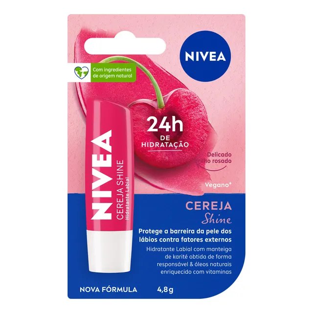 Nivea Hidratante Labial Cereja Shine 4,8g, Bbb 26, Hidratação Intensa 24h, Cor Suave, Brilho Delicado, Cuidado Diário, Manteiga De Karité