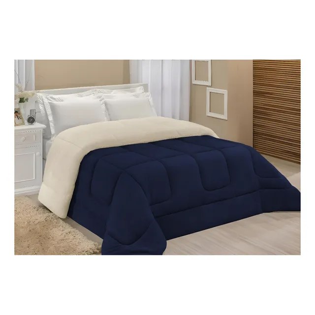 Edredom Sherpa Coberdrom E Cobertor Casal Queen Grosso Cores Cor Marinho Luckbaby