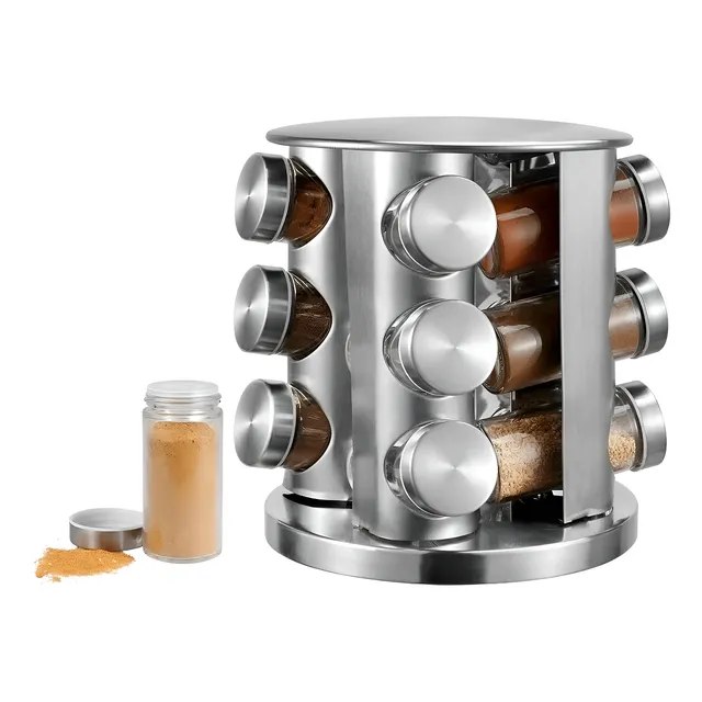 Porta-temperos Giratório Aço Inox Com 12 Potes Vidro 360º Mesa Prateado