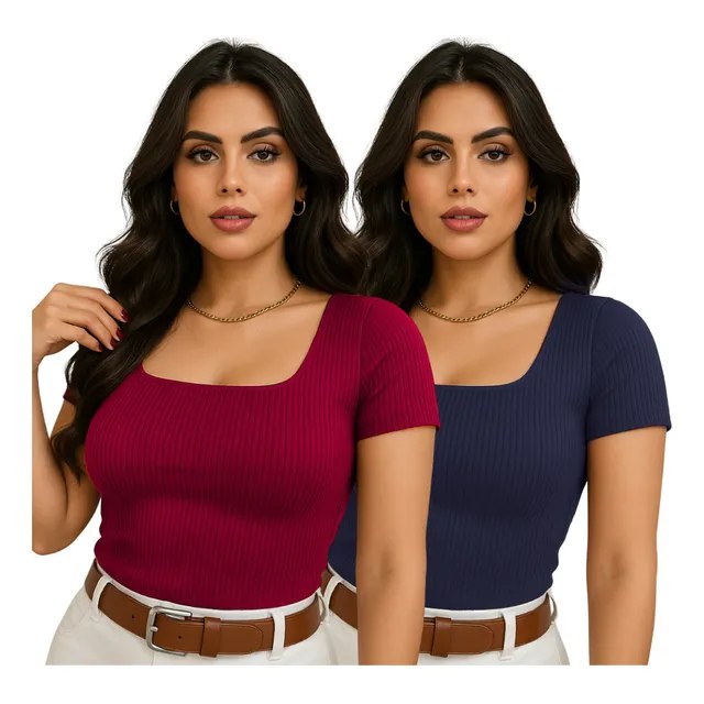Kit 2 Blusinhas Feminina Blusa Decote Quadrado Manga Curta