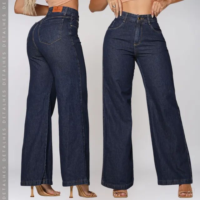 Calça Jeans Wide Leg Pantalona Cintura Alta Jeans 100%