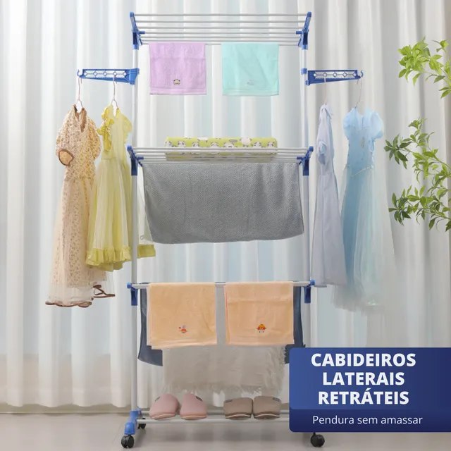 Varal De Chão Varal Portátil 3 Andares Grande Dobrável Resistente Em Metal Não Enferruja Multiuso Super Prático P/... Azul