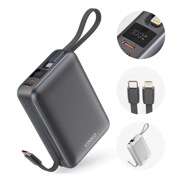 Vinko Power Bank 20000mah Turbo 22,5w Com 2 Cabos E Tela V10 Cinza-escuro