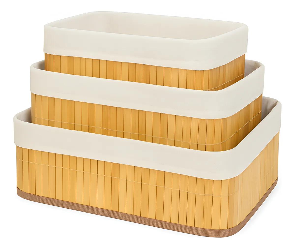 🔝 Kit Organizadores De Bambu Retangular Forrado 3 Tamanhos 🔝