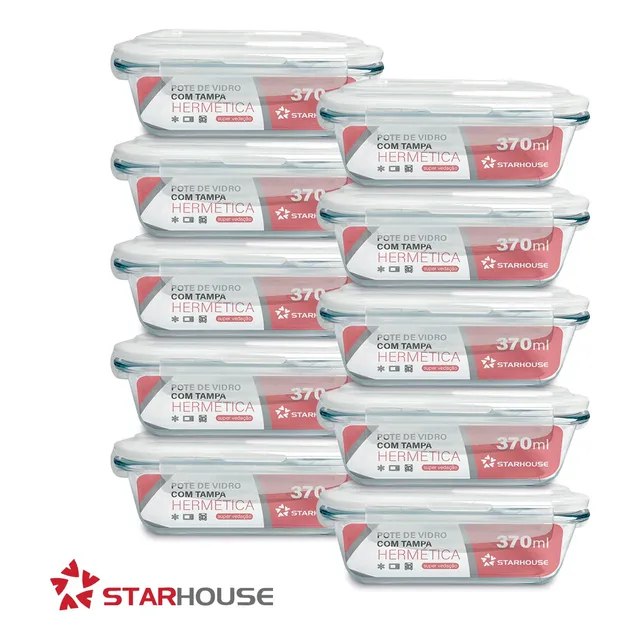 🛍️ Kit 10 Potes Vidro 370ml Hermético Marmita Forno Refratário Star House