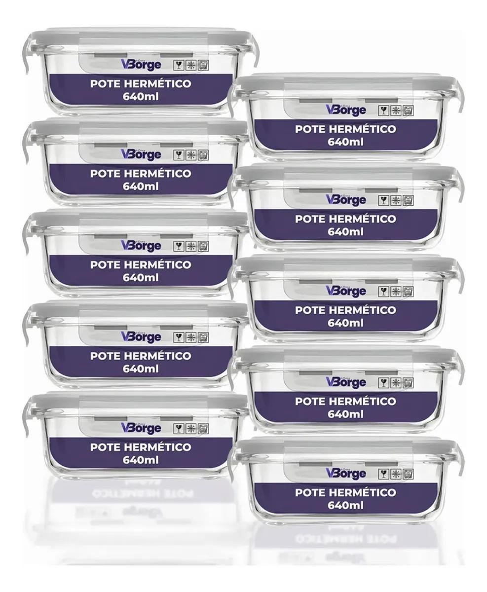 🔝 Kit 10 Marmitas De Vidro 640ml Potes Com Tampa Hermética 4 Travas 🔝
